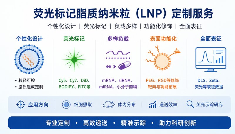 荧光染料标记脂质纳米粒（LNP）定制，支持Cy5、Cy7、DiD、BODIPY、FITC等