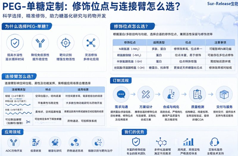 PEG-单糖定制:修饰位点与连接臂怎么选?|Sur-Release生物技术服务