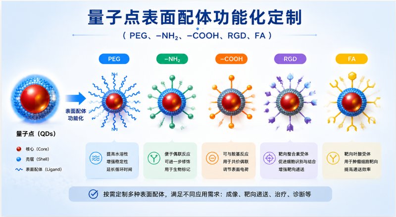 量子点表面配体功能化定制（PEG、–NH₂、–COOH、RGD、FA）