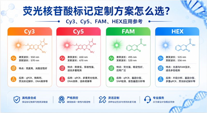 荧光核苷酸标记定制方案怎么选?Cy3、Cy5、FAM、HEX应用参考