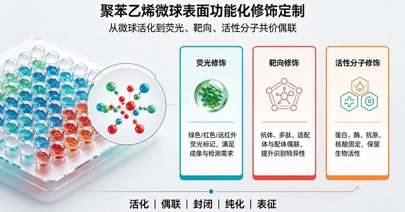 聚苯乙烯微球表面功能化修饰定制|支持荧光、靶向及活性分子偶联