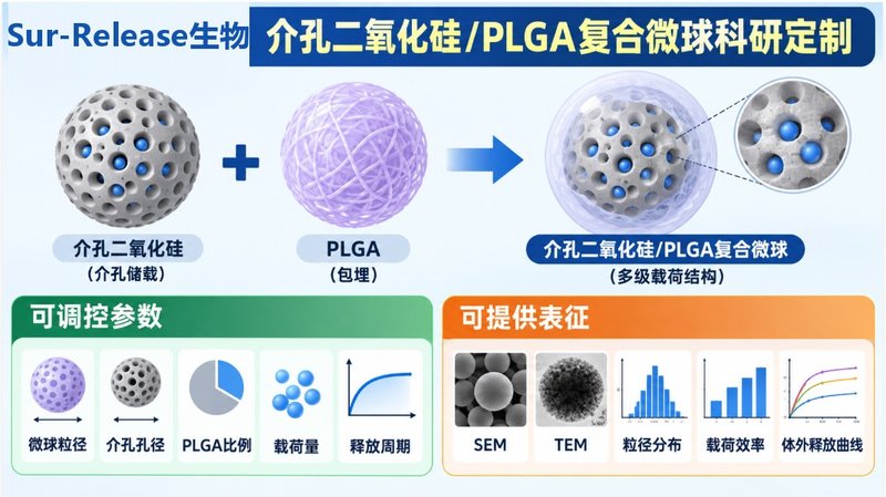 介孔二氧化硅/PLGA载药微球定制，粒径、孔径与载药参数可调