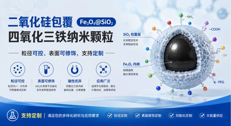 二氧化硅包覆四氧化三铁纳米颗粒（Fe₃O₄@SiO₂）——粒径可控、表面可修饰，支持定制